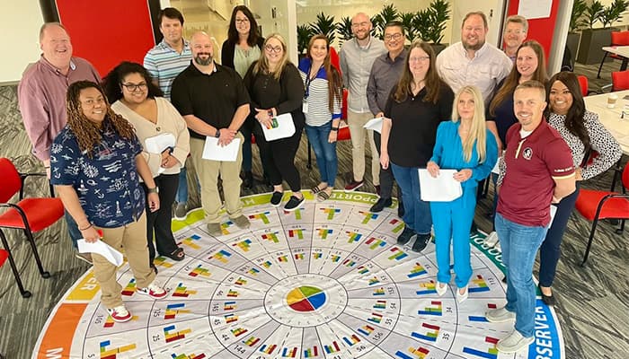Group standing on Insights Discovery workshop mat