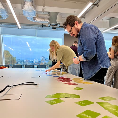 Large group, stood at table during an Insights Discovery workshop